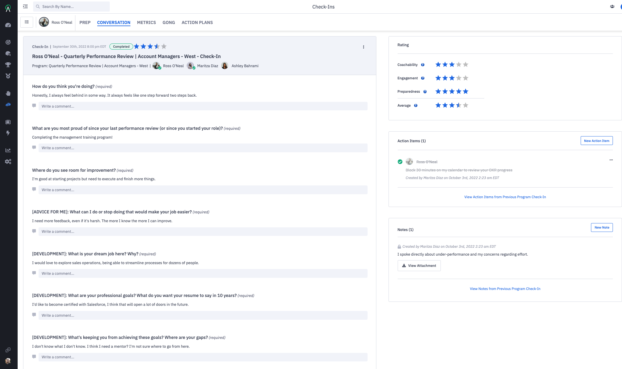 Use 1:1 coaching check-ins in Ambition to set, track, and check in on employee goals.