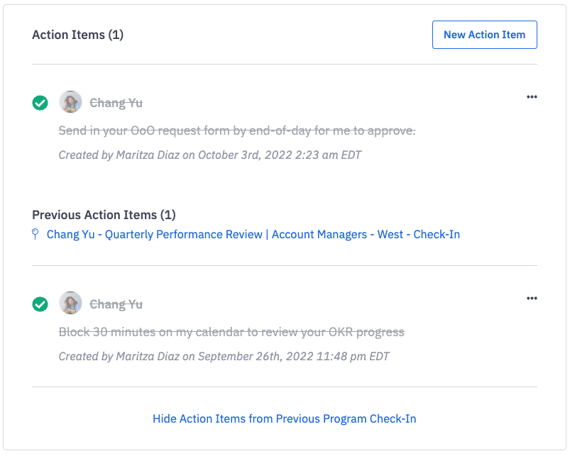 Action items list for one on one meeting agenda