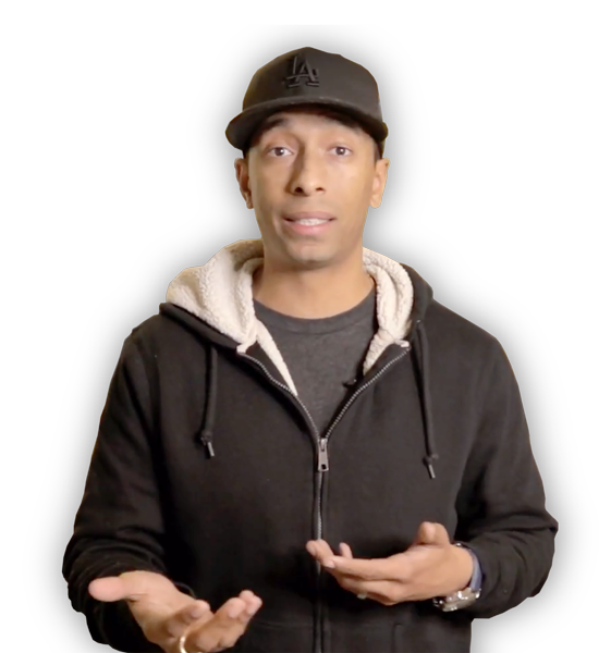 Man with hoodie and hat, hands open