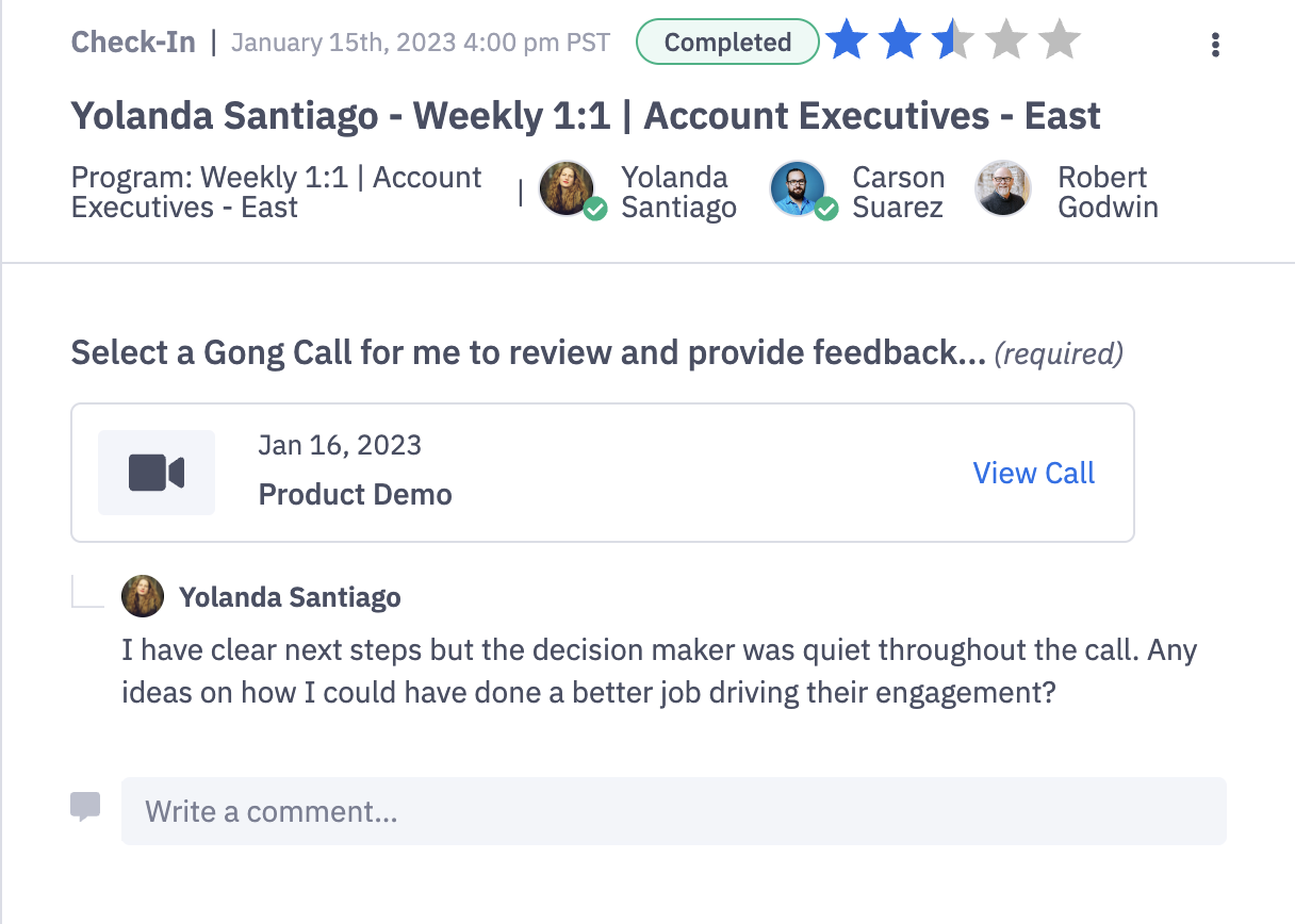 Review a Gong call during a recurring check-in